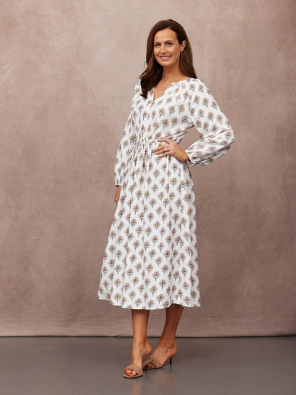 Flora Block Print Dress - Ecru Print