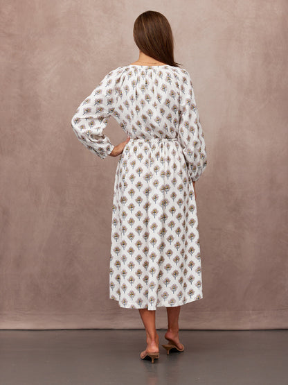 Flora Block Print Dress - Ecru Print