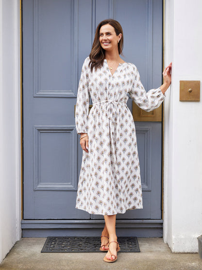 Flora Block Print Dress - Ecru Print
