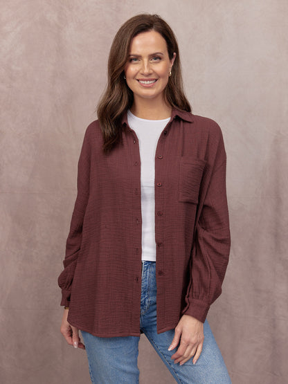 Deborah Oversized Cotton Crinkle Shirt - Brown