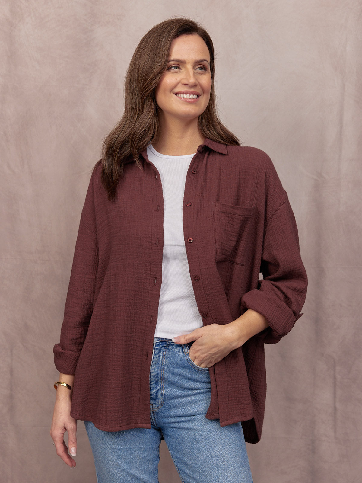 Deborah Oversized Cotton Crinkle Shirt - Brown