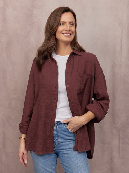 Deborah Oversized Cotton Crinkle Shirt - Brown