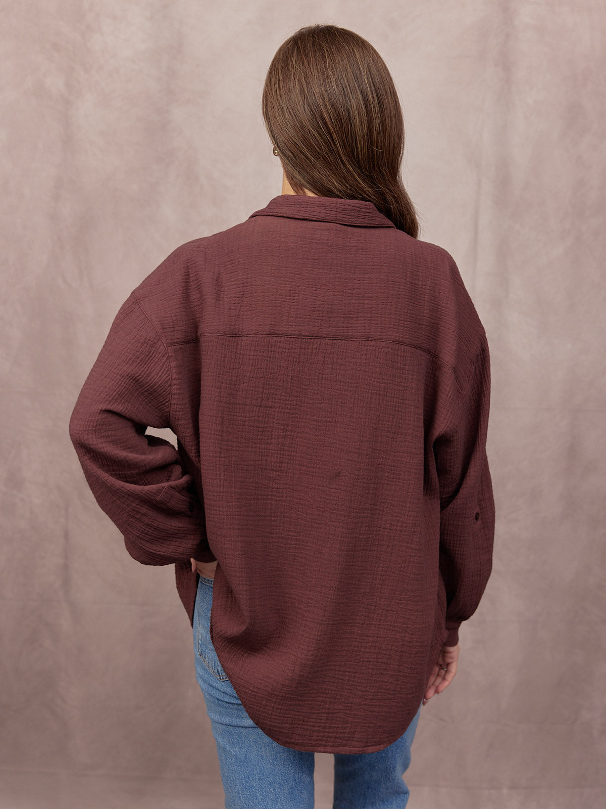 Deborah Oversized Cotton Crinkle Shirt - Brown