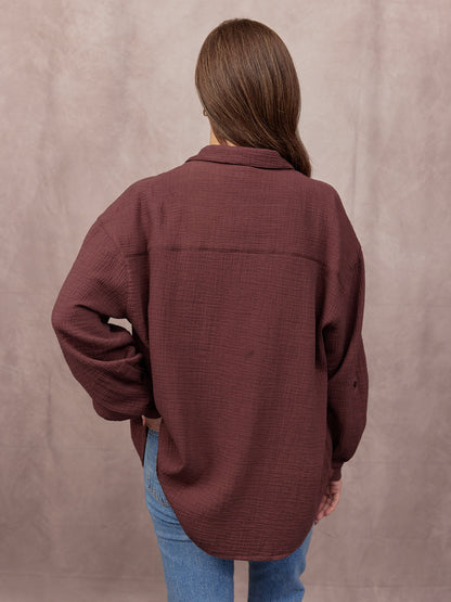 Deborah Oversized Cotton Crinkle Shirt - Brown