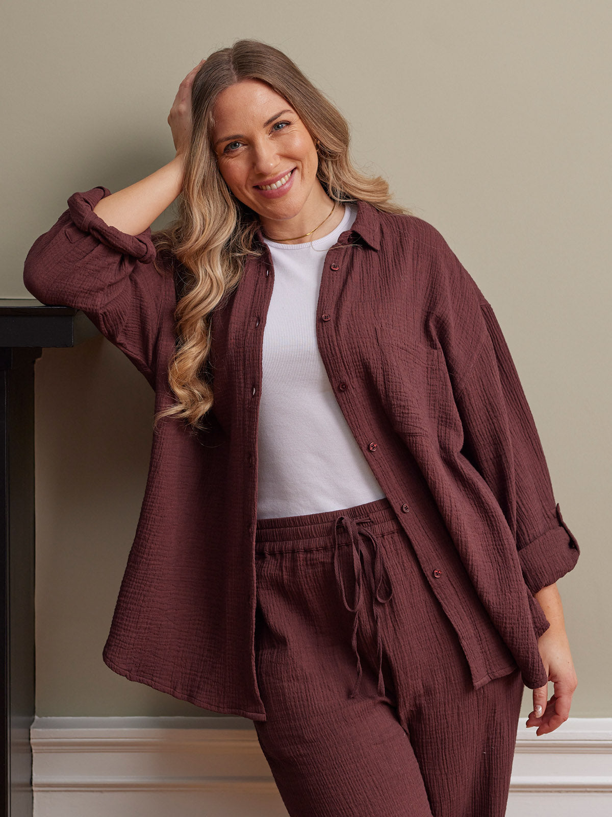 Deborah Oversized Cotton Crinkle Shirt - Brown