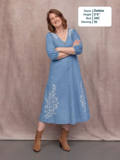 Lisa Embroidered Denim Dress - Light Wash Denim