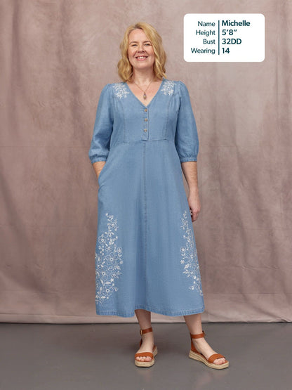 Lisa Embroidered Denim Dress - Light Wash Denim