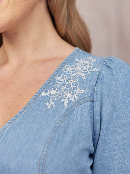 Lisa Embroidered Denim Dress - Light Wash Denim