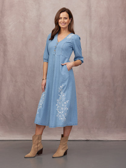Lisa Embroidered Denim Dress - Light Wash Denim