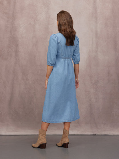 Lisa Embroidered Denim Dress - Light Wash Denim