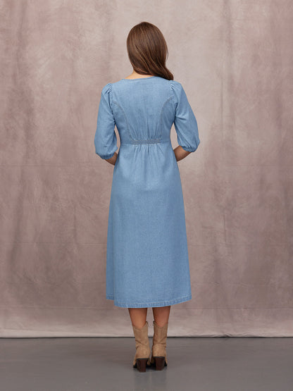 Lisa Embroidered Denim Dress - Light Wash Denim