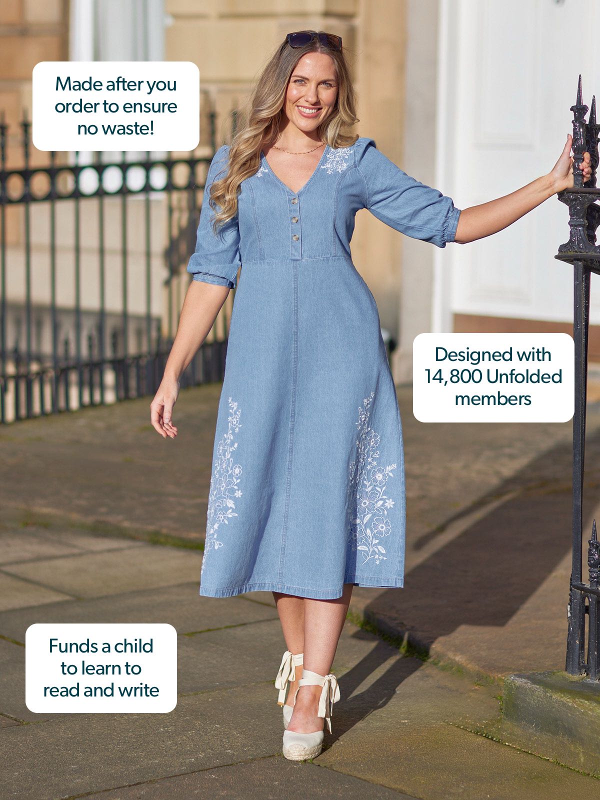 Lisa Embroidered Denim Dress - Light Wash Denim