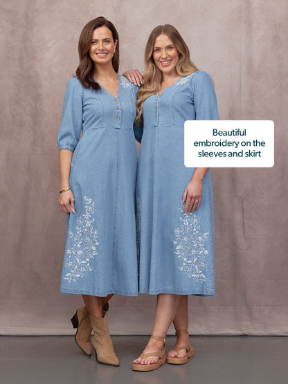 Lisa Embroidered Denim Dress - Light Wash Denim