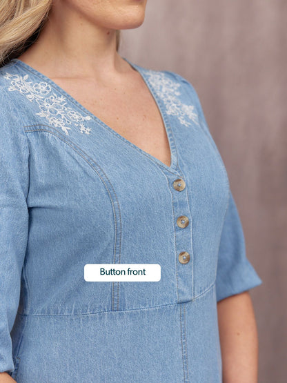 Lisa Embroidered Denim Dress - Light Wash Denim