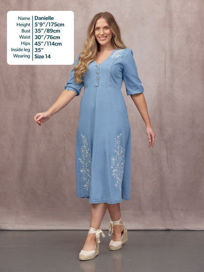 Lisa Embroidered Denim Dress - Light Wash Denim