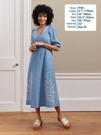 Lisa Embroidered Denim Dress - Light Wash Denim