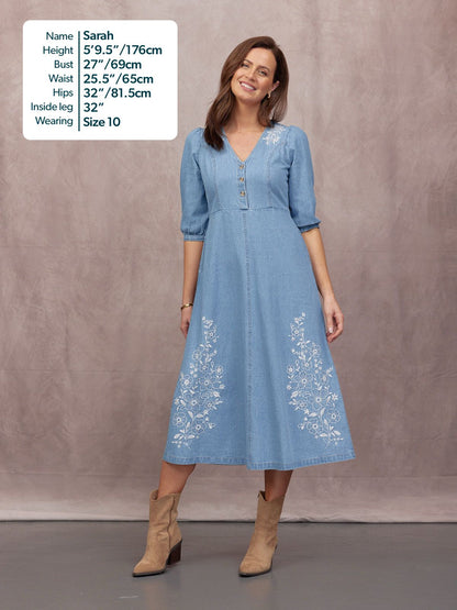 Lisa Embroidered Denim Dress - Light Wash Denim