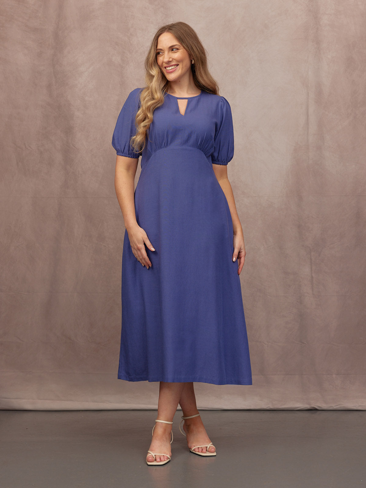Lydia Bar Neckline Short Sleeve Dress - Blue