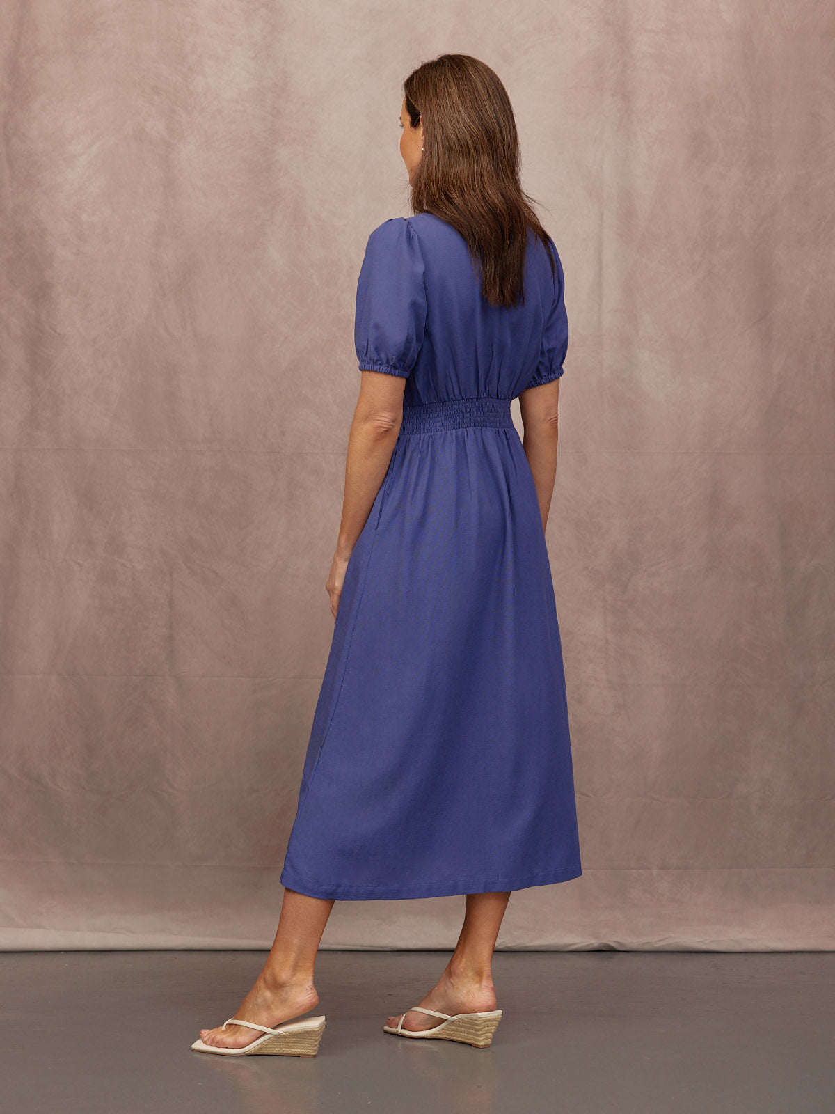 Lydia Bar Neckline Short Sleeve Dress - Blue