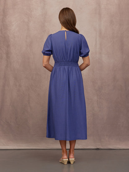 Lydia Bar Neckline Short Sleeve Dress - Blue