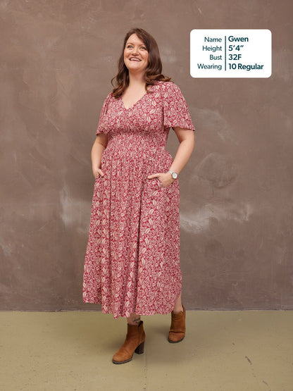 Maddie Short Sleeve Dress - Maroon Leaf Print