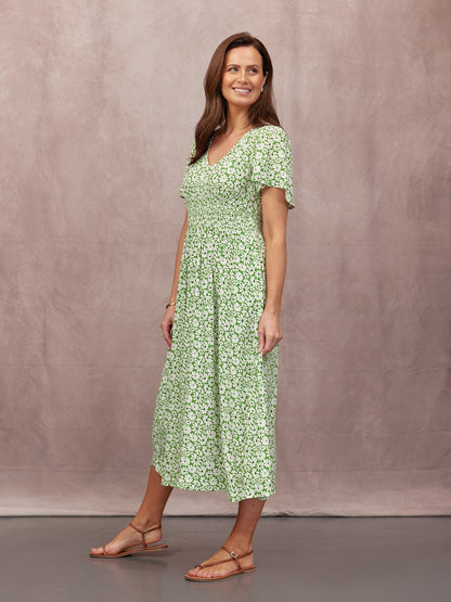 Maddie V-Neck Short Sleeve Dress - Olive Print