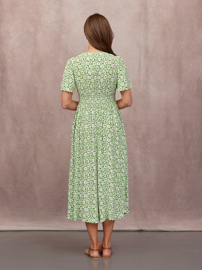 Maddie V-Neck Short Sleeve Dress - Olive Print