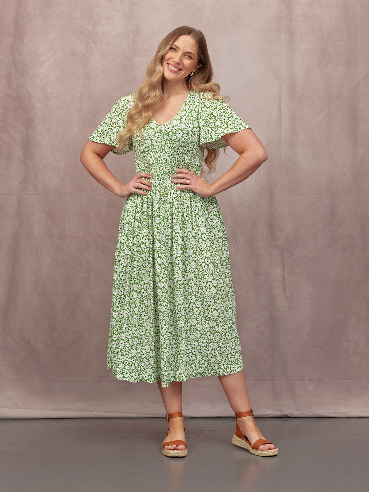 Maddie V-Neck Short Sleeve Dress - Olive Print