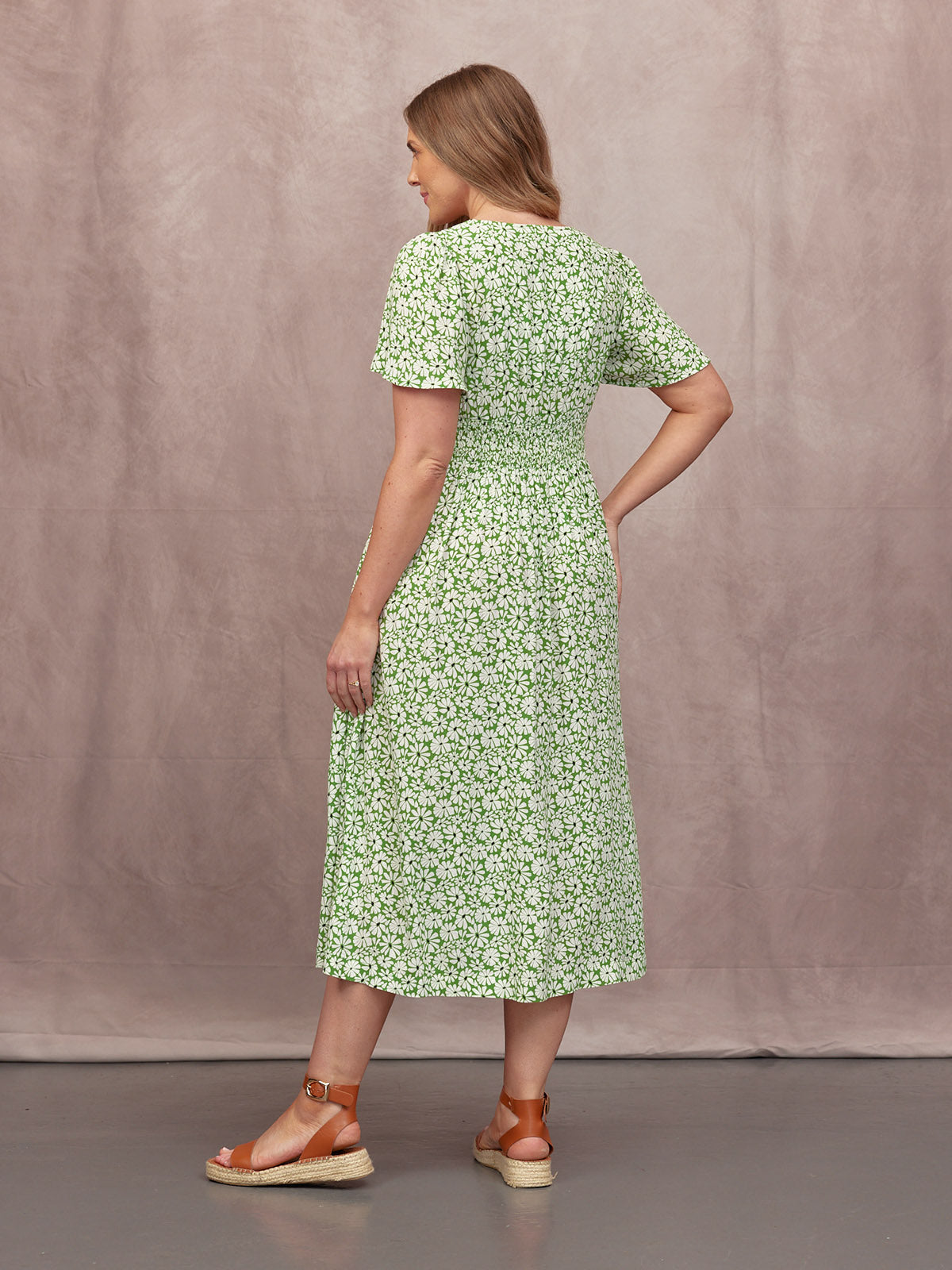 Maddie V-Neck Short Sleeve Dress - Olive Print