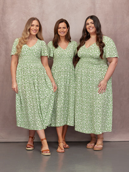 Maddie V-Neck Short Sleeve Dress - Olive Print
