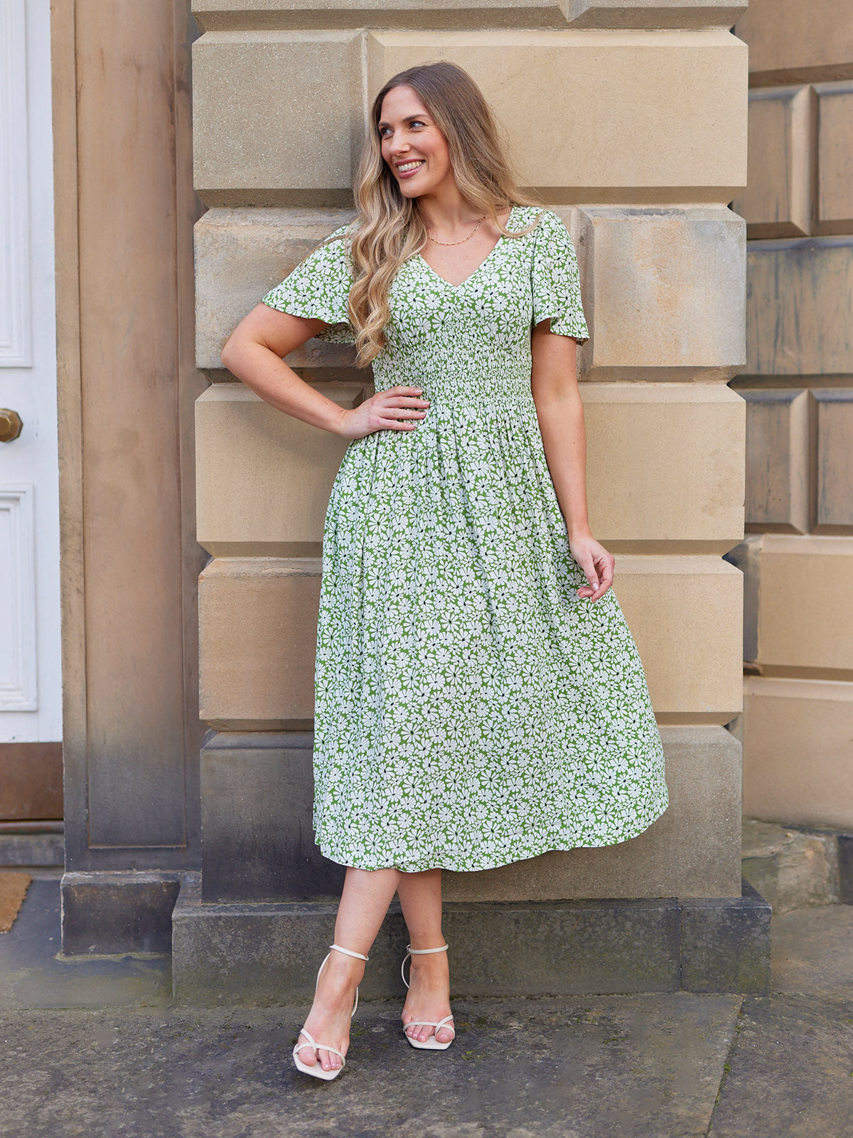 Maddie V-Neck Short Sleeve Dress - Olive Print