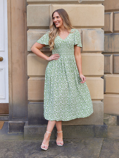 Maddie V-Neck Short Sleeve Dress - Olive Print