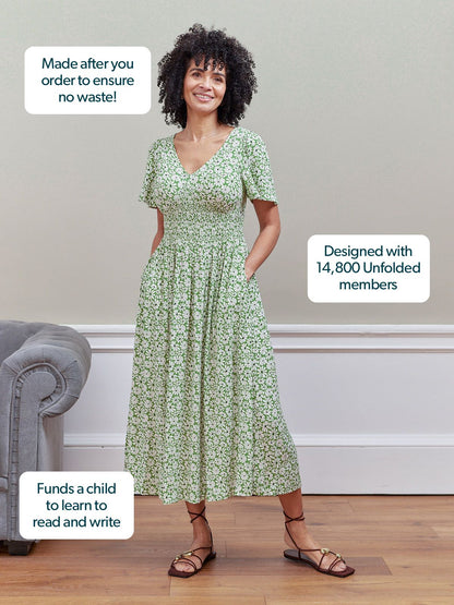 Maddie V-Neck Short Sleeve Dress - Olive Print