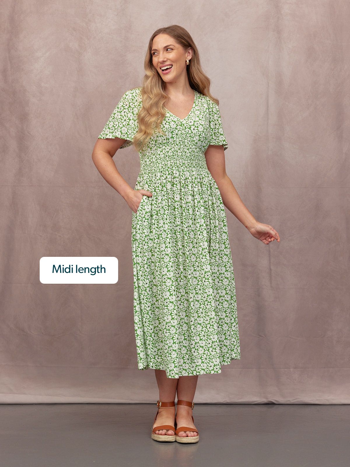 Maddie V-Neck Short Sleeve Dress - Olive Print