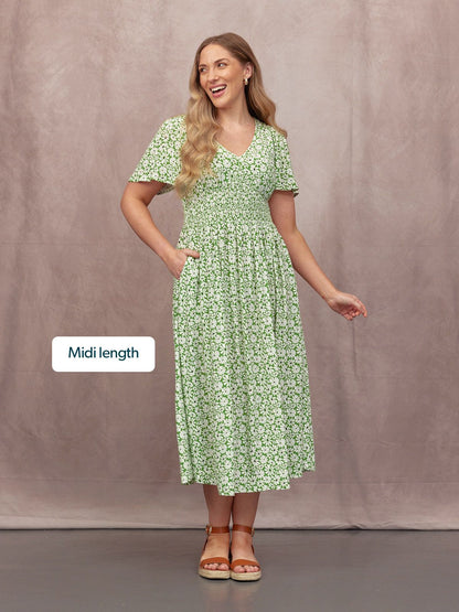 Maddie V-Neck Short Sleeve Dress - Olive Print
