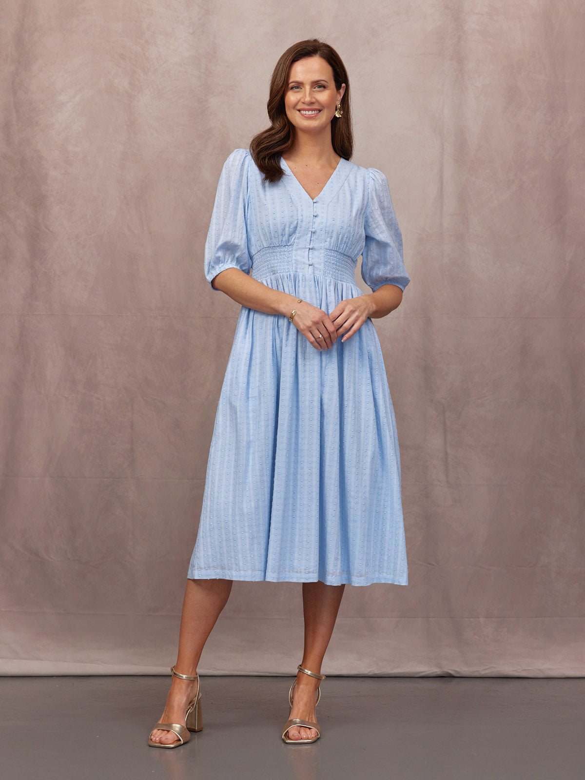 Phoebe Swiss Dot Button Front Dress - Blue