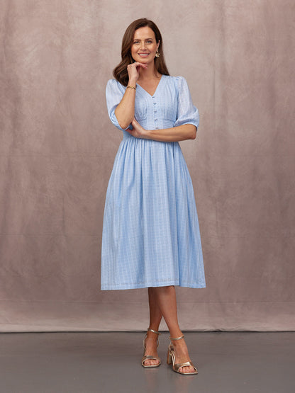 Phoebe Swiss Dot Button Front Dress - Blue