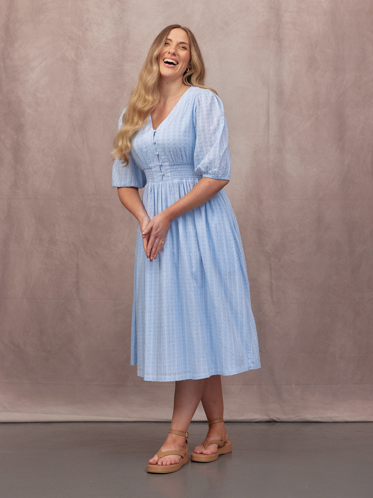 Phoebe Swiss Dot Button Front Dress - Blue