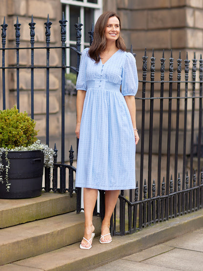 Phoebe Swiss Dot Button Front Dress - Blue