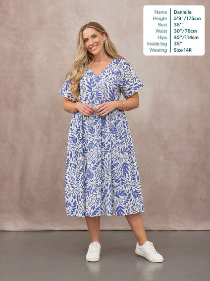 Fern Relaxed Dress - Blue & White Leaf Print