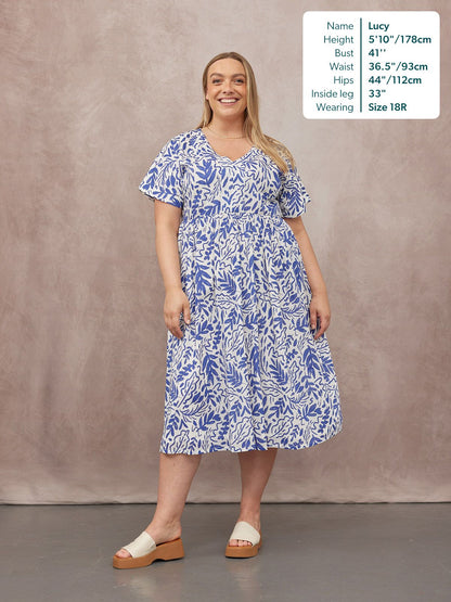 Fern Relaxed Dress - Blue & White Leaf Print