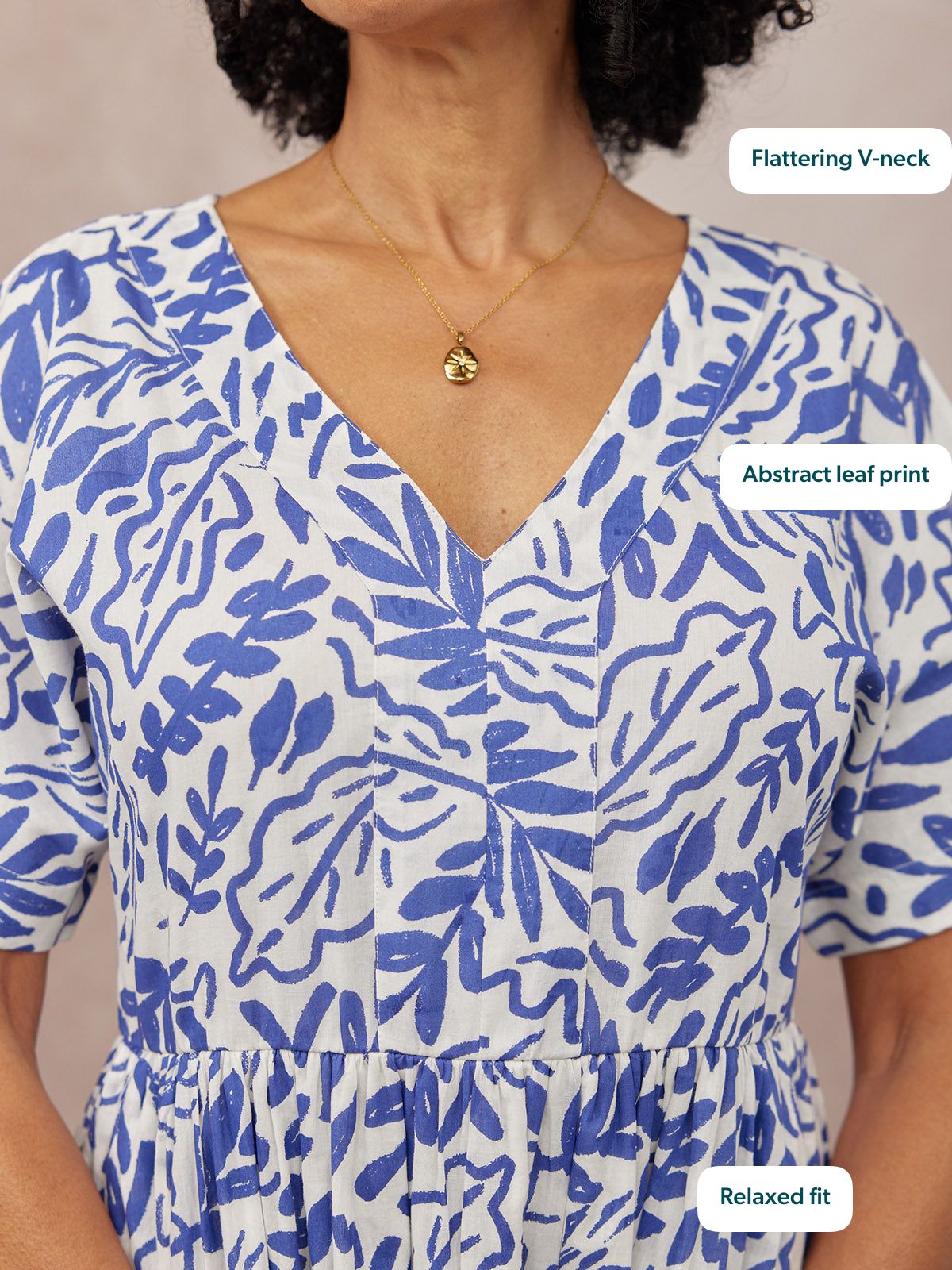 Fern Relaxed Dress - Blue & White Leaf Print