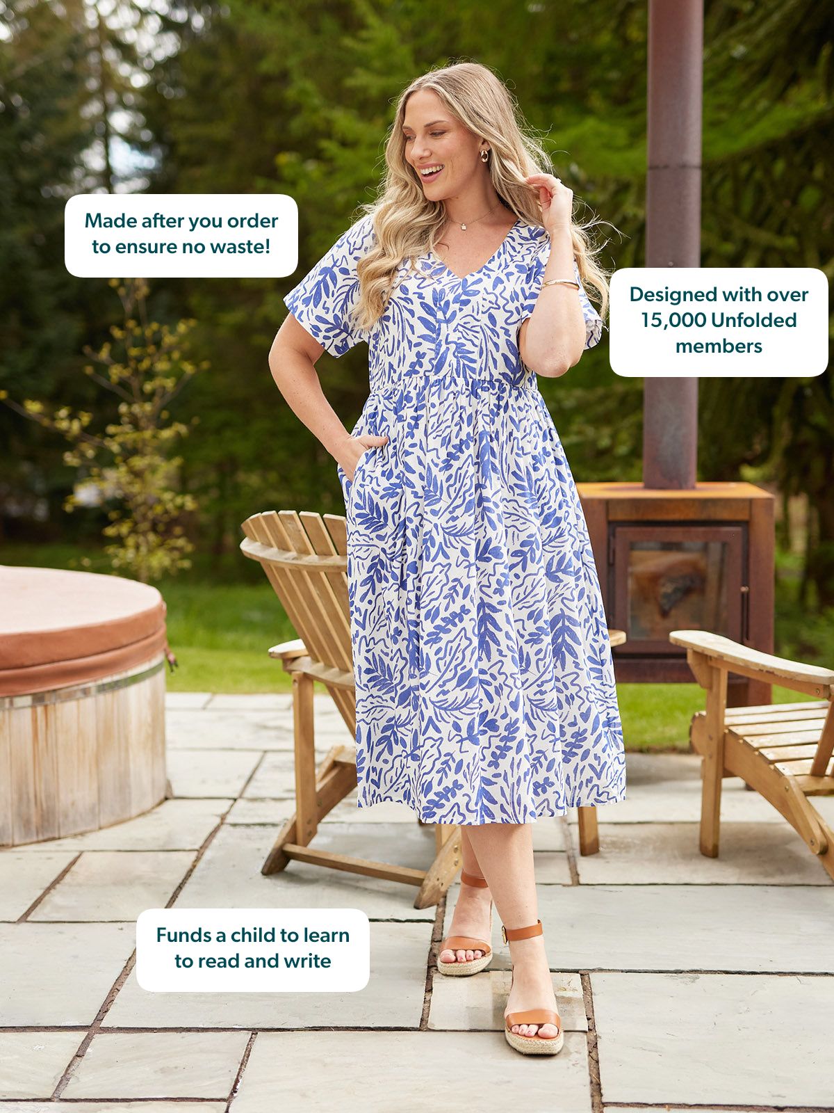 Fern Relaxed Dress - Blue & White Leaf Print