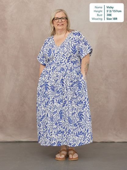 Fern Relaxed Dress - Blue & White Leaf Print