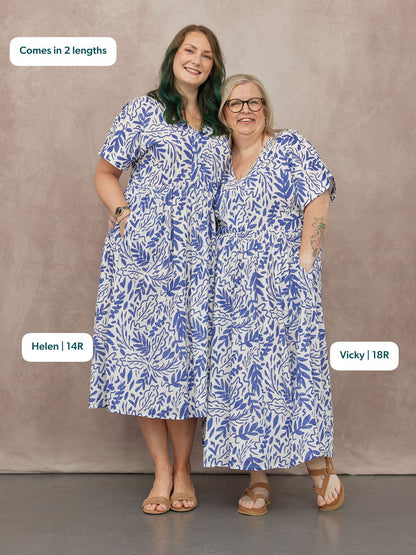 Fern Relaxed Dress - Blue & White Leaf Print
