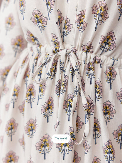 Flora Block Print Dress - Ecru Print