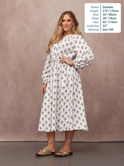 Flora Block Print Dress - Ecru Print