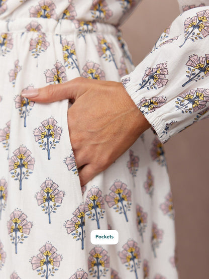 Flora Block Print Dress - Ecru Print
