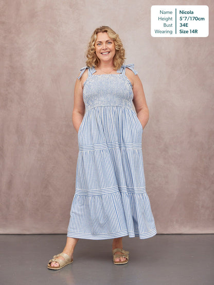 Joan Bow Strap Dress - Blue & White Stripe