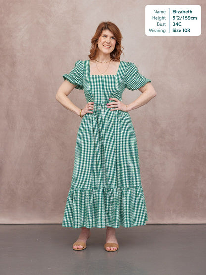 Judy Square Neck Dress - Green Gingham